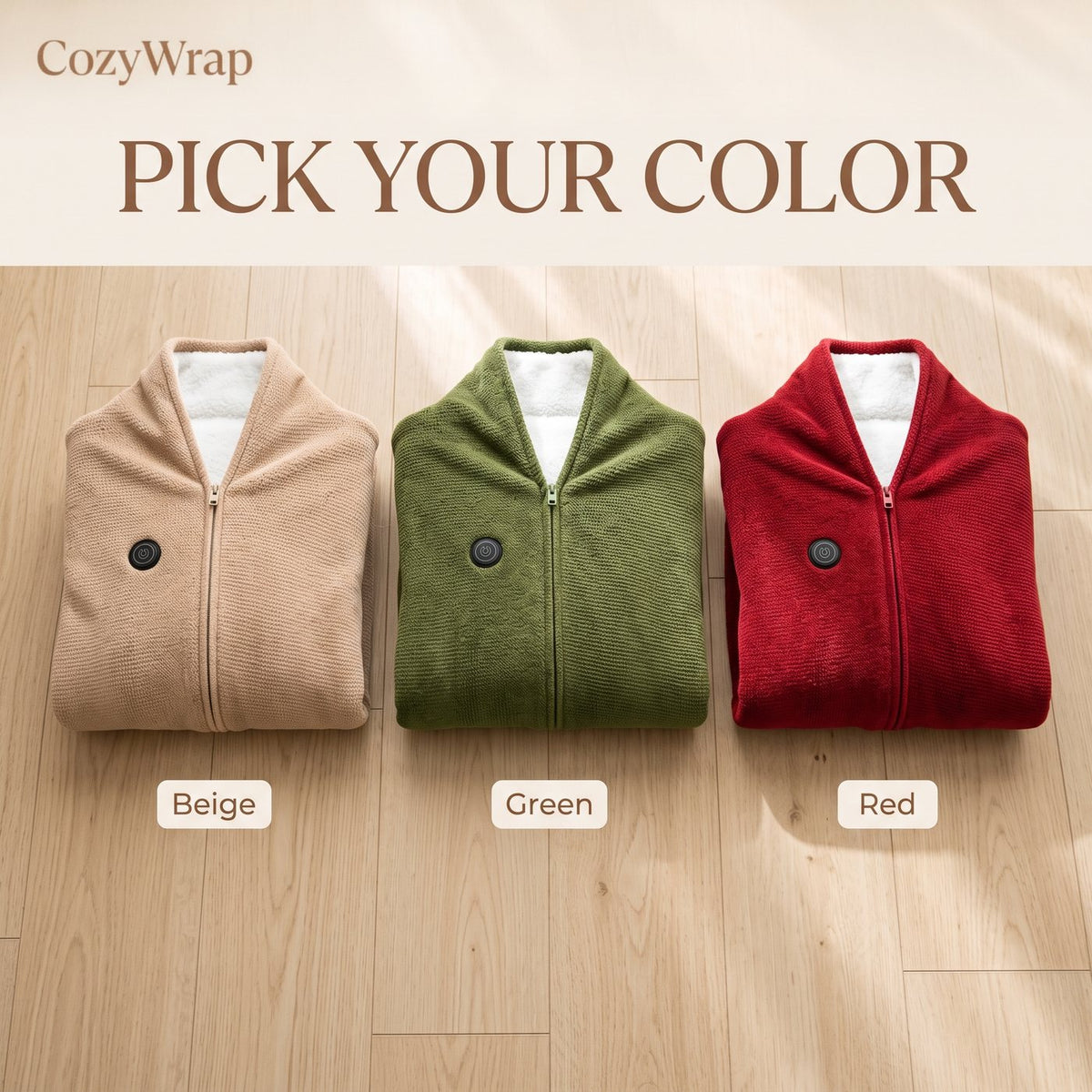 CozyWrap in beige, green and red