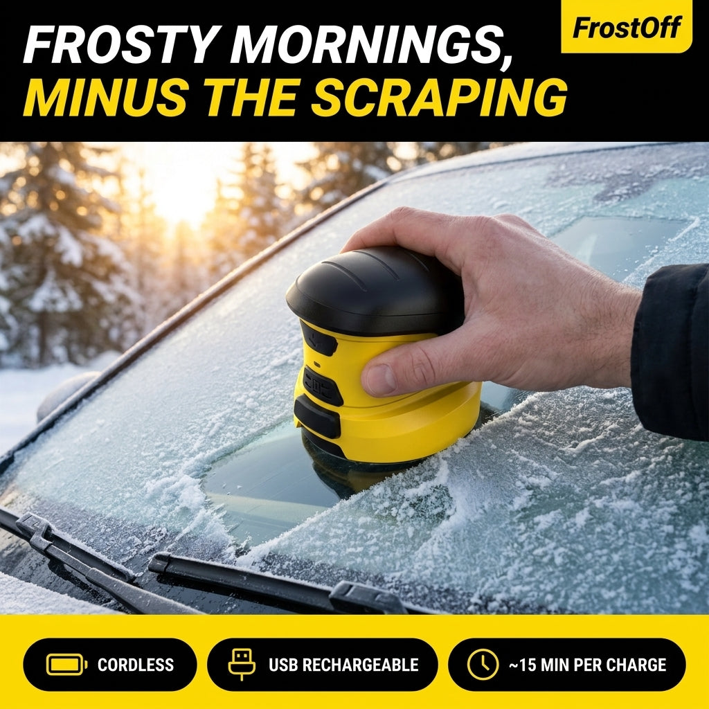 FrostOff cordless electric ice scraper on a frosted windshield