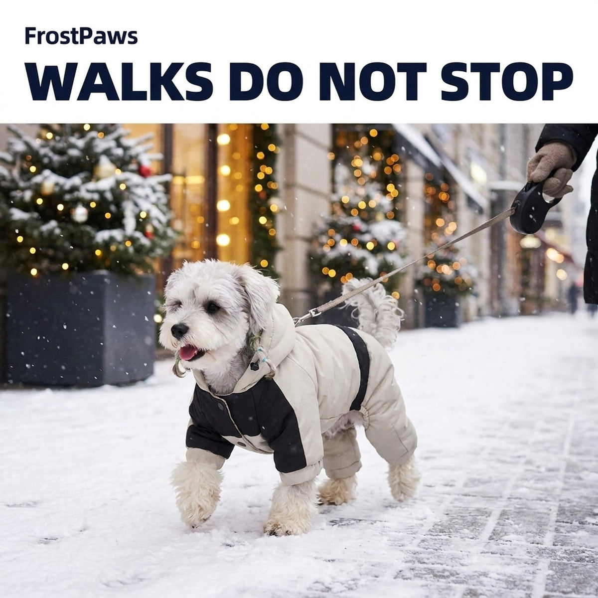 Dog walking in snowsuit