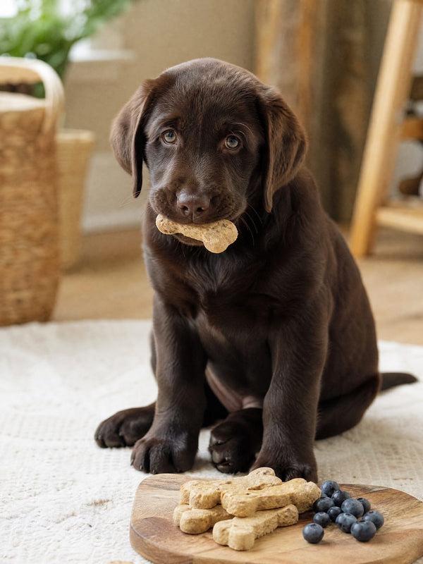 A chocolate labrador puppy with a homemade biscuit (AI-generated illustration)