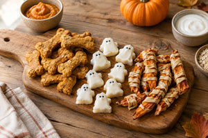 Pumpkin and Halloween dog treats (AI-generated illustration)