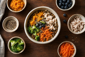 Dog bowl with warm and protein toppers (AI-generated illustration)