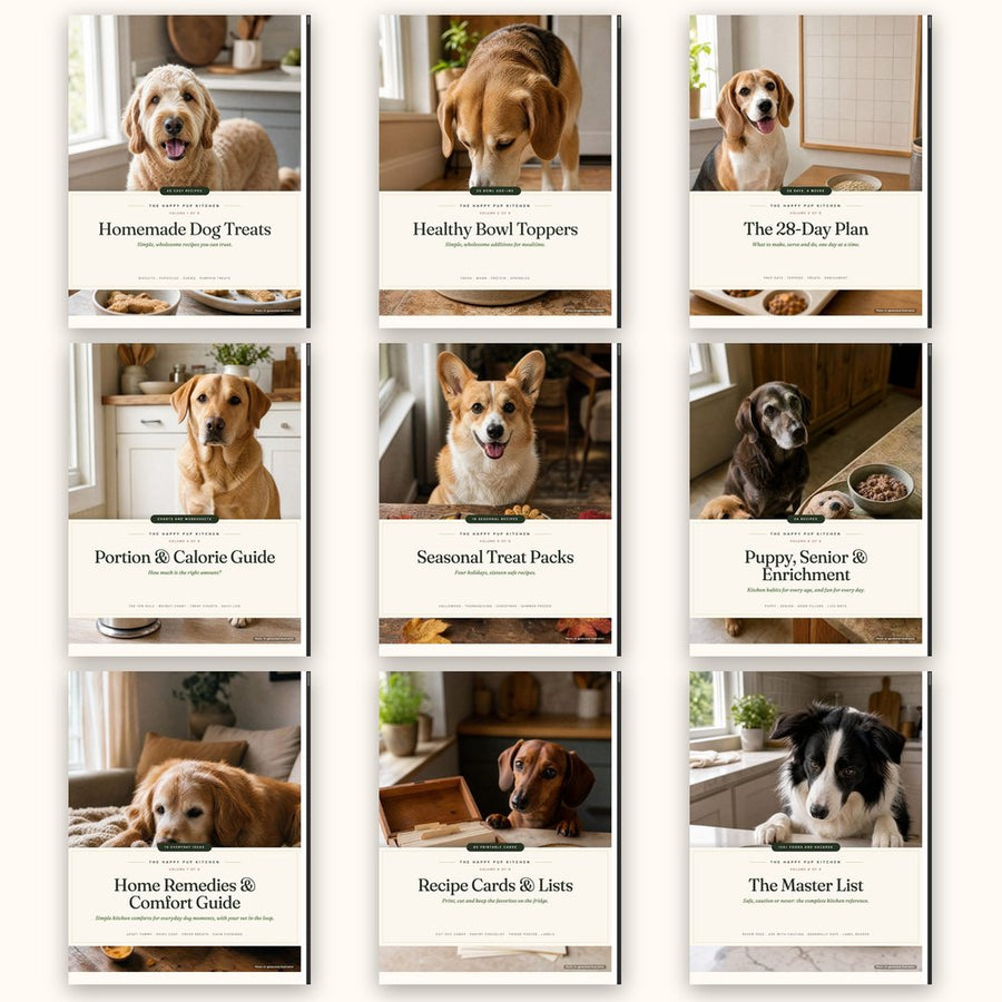 The nine volumes of The Happy Pup Kitchen (AI-generated cover illustrations)