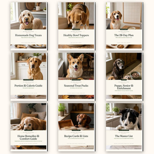 The nine volumes of The Happy Pup Kitchen (AI-generated cover illustrations)
