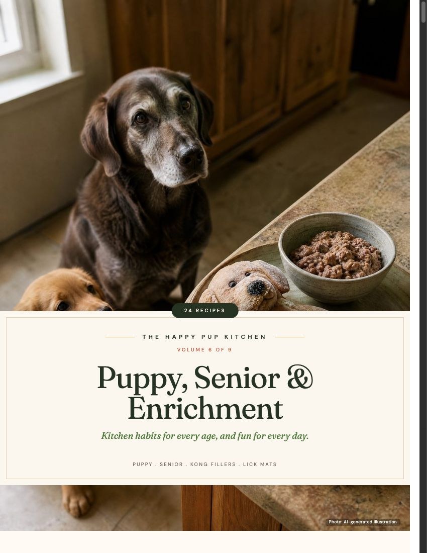 Puppy, Senior & Enrichment Dog Kitchen cover (AI-generated illustration)
