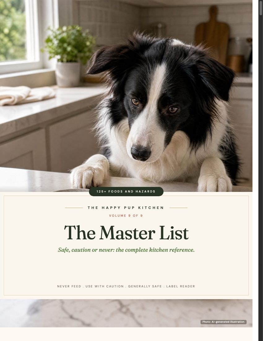 Dog-Safe & Toxic Foods Master List cover, Volume 9 (AI-generated illustration)