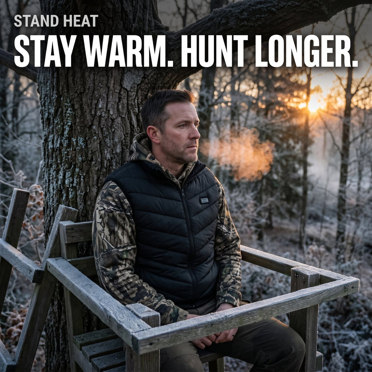 Stand Heat heated vest in a tree stand at dawn