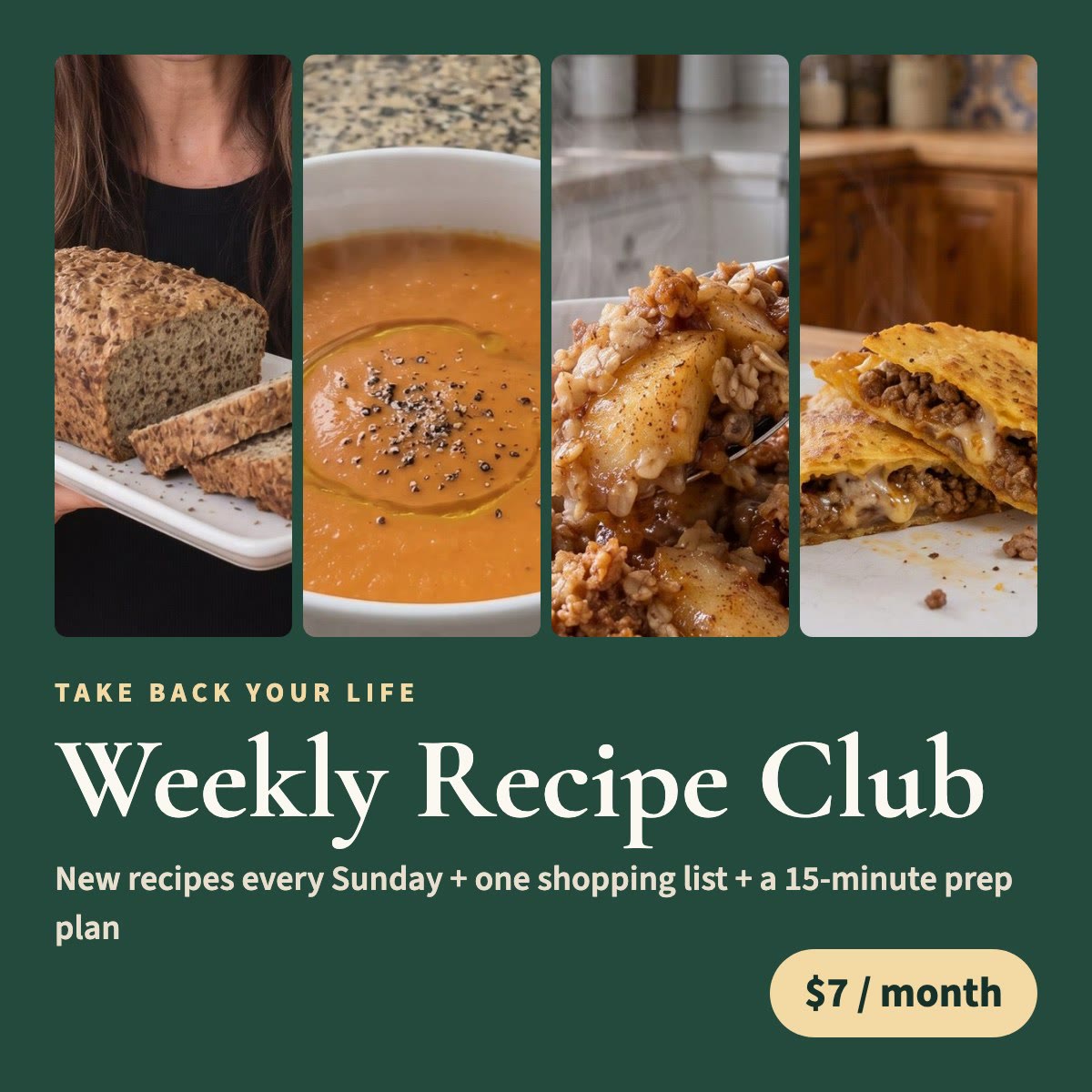 Weekly Recipe Club: new recipes every Sunday, a shopping list and a 15-minute prep plan
