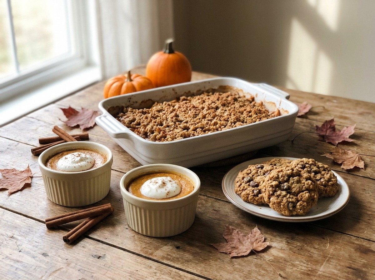 Cozy fall desserts on a wooden table (AI-generated illustration)