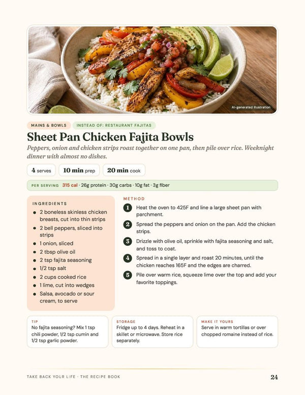 Recipe Book page 24, Sheet Pan Chicken Fajita Bowls